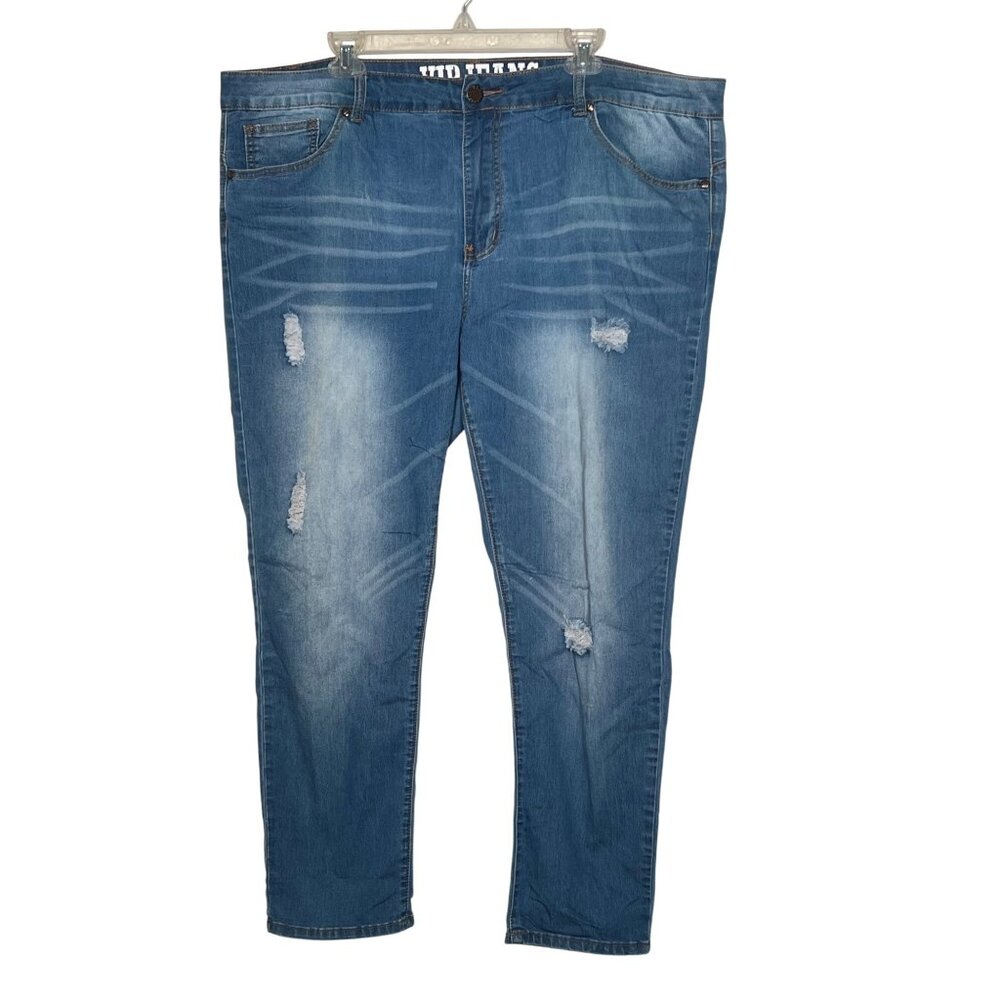 VIP Jeans Distressed Straight Leg Blue Denim Jeans 22W High-Rise Stretch Destres